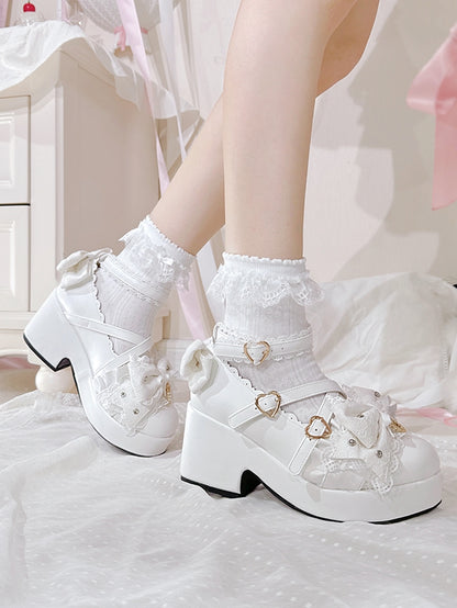 White Jirai Kei Platform Block Heels with Heart Buckles & Crisscross Bow Top - Transfer Student
