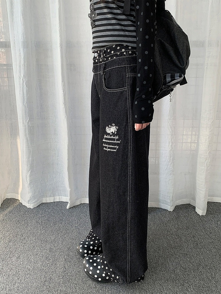 Black Curved Wide Leg Jeans with Polka Dot Details - Solkatt