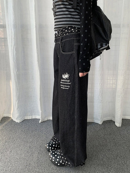 Black Curved Wide Leg Jeans with Polka Dot Details - Solkatt