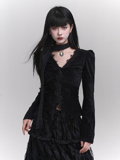 Gothic Black Lace V-Neck Slim-fitting Top