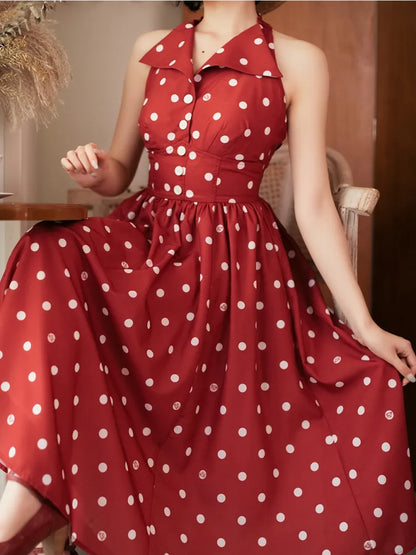 Mode Bogen Halfter Polka Retro Zurück Print Kleid Muster Hals Rote Punkte