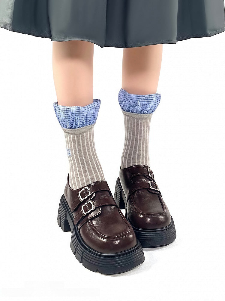 Socks Striped Colors Pattern Ruffles Embroidery Blue 3 Cotton Letter with Vertical Plaid