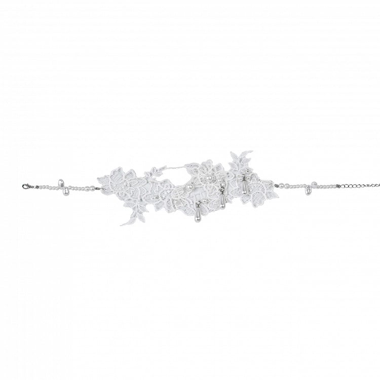 Weiße Choker-Details, Perlen-Spitzen-Applikation