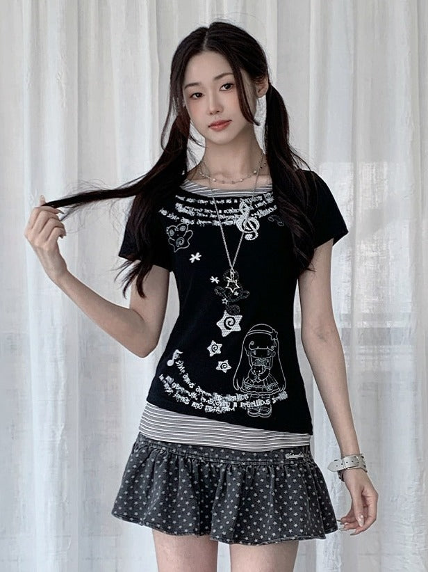 2-Color Round Neck Fake Two-Piece Striped Short Sleeve Top with Star Print - Solkatt