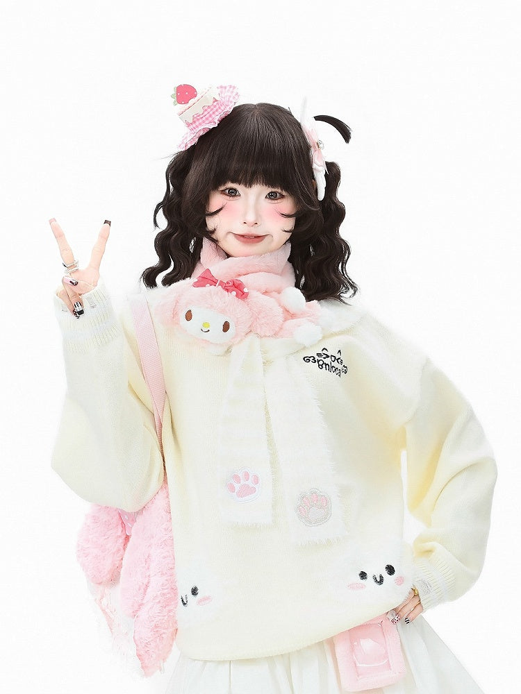 Sweater Scarf Paw Striped with Kawaii Pattern Cat Apricot/Black/Blue Embroidery Daily