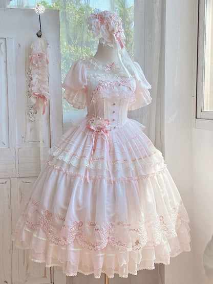 Lolita-Ärmel, rosa, kurzes Kleid, Kirsche, zarte Prinzessinnenblüten-Stickerei