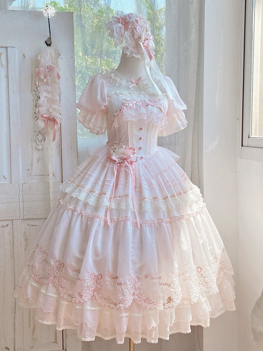Lolita-Ärmel, rosa, kurzes Kleid, Kirsche, zarte Prinzessinnenblüten-Stickerei