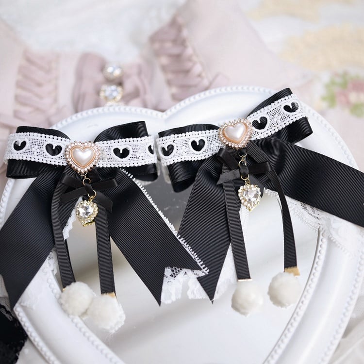 Jirai Kei Lace Bow Hair Clips with Beaded Heart