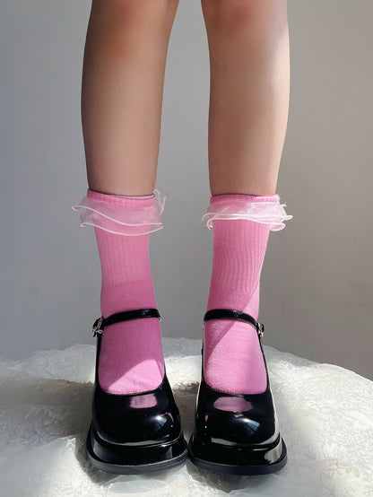 Sweet Lolita Pink Organza Trim Calf Socks