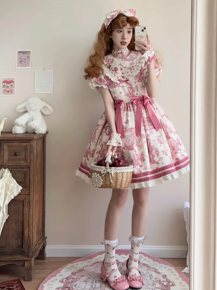 Peter Lolita Pink Dress Sleeves Short Print Grapes Collar Pan