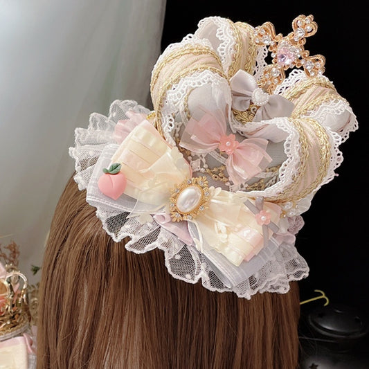 PinkGray Floral Cross Design Mini Rhinestone And Decorated Crown Peach Lace Trim Hat