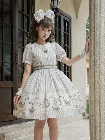 Classic Lolita Antique Porcelain Print and Embroidery OP Dress in Blue and Gray with Striped Pattern - Birds Diary