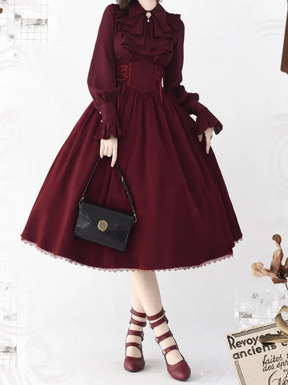 Striped Jabot Flat Fabric Sleeves Collar Red Pointed Shirt Long