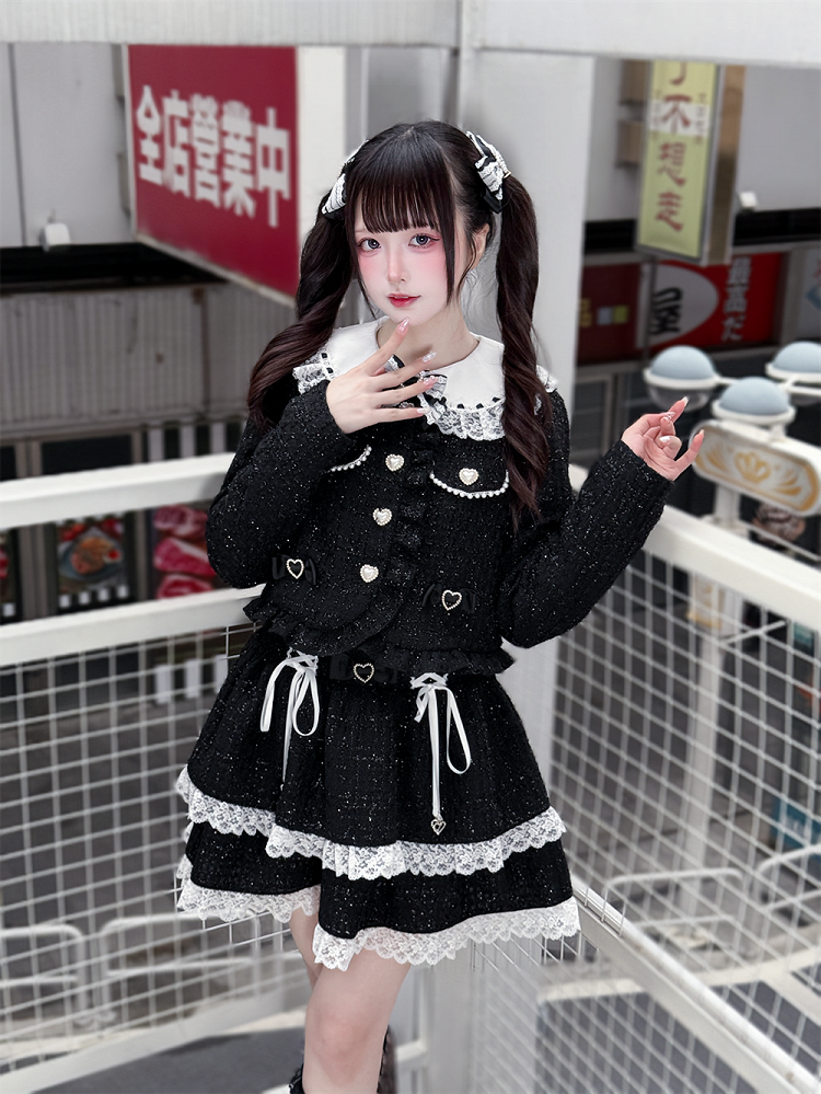 Long Cut-Out Jirai Sleeve Kei Lace Shoulder White | Black Blouse Bowknots