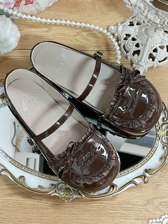 Sole Leather Lolita Knotted Sweet Brown Bow Flat Accent with Shoes Ruffles Trim PU