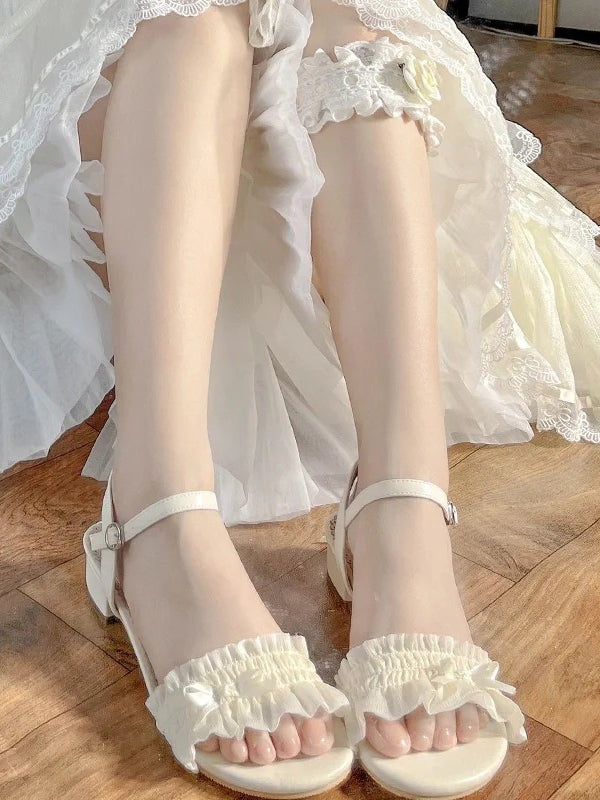 Mid-heel Ruffled Lolita Sandals Top Beige Elegant Bow Accent