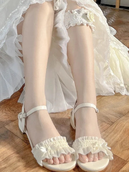 Mid-heel Ruffled Lolita Sandals Top Beige Elegant Bow Accent