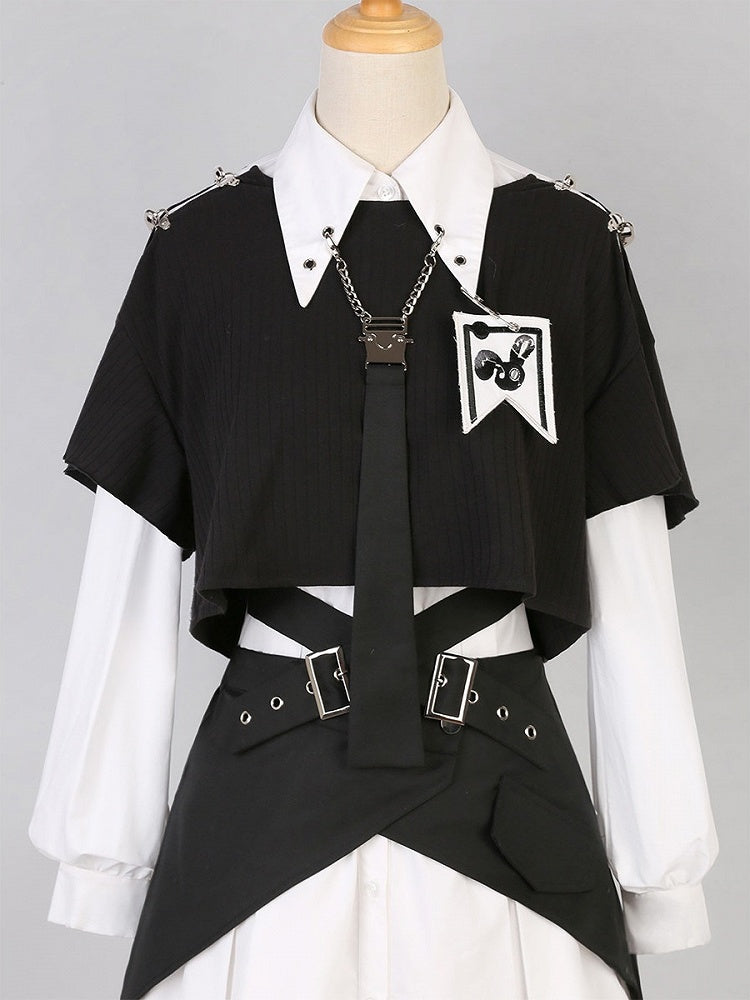 Black Short-Sleeve Top with Shoulder Buckle Detail