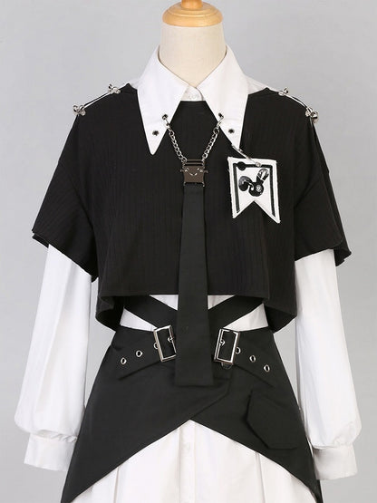 Black Short-Sleeve Top with Shoulder Buckle Detail