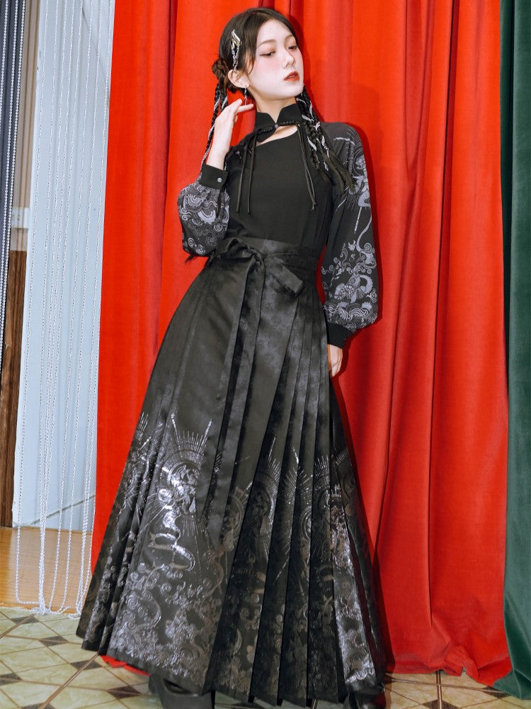 Fabric Patterns Mamian Black Satin Pleated Silver Gothic Cheongsam with Skirt