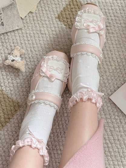 Heart-Embellished Closure Sweet in Pink Velcro Flats Lolita Trim Lace