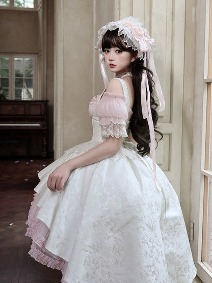 Gothic Underbust JSK Dress with Off-Shoulder Blouse, Pink & White, High-Low Skirt - Sheer Ocean