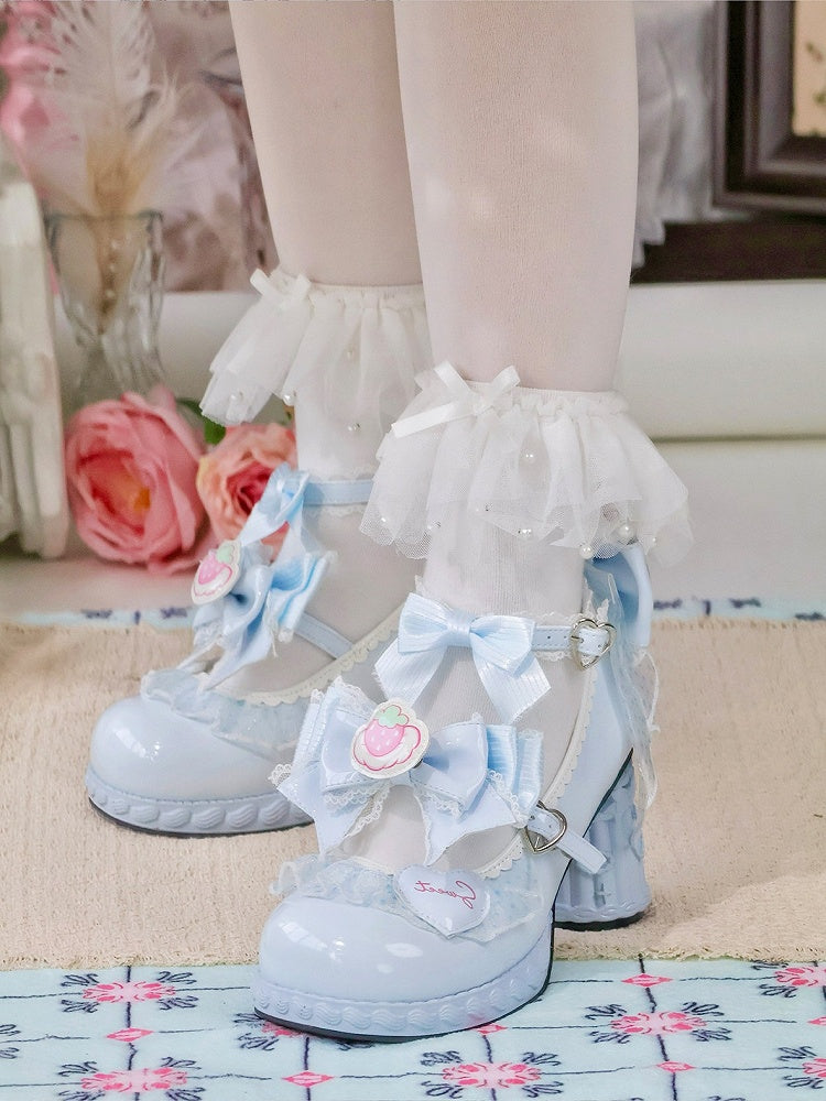 7.5CM Blue Kawaii Heart & Bowknot Decor Heels Lolita Shoes with Strawberry Print - Cute Bunny