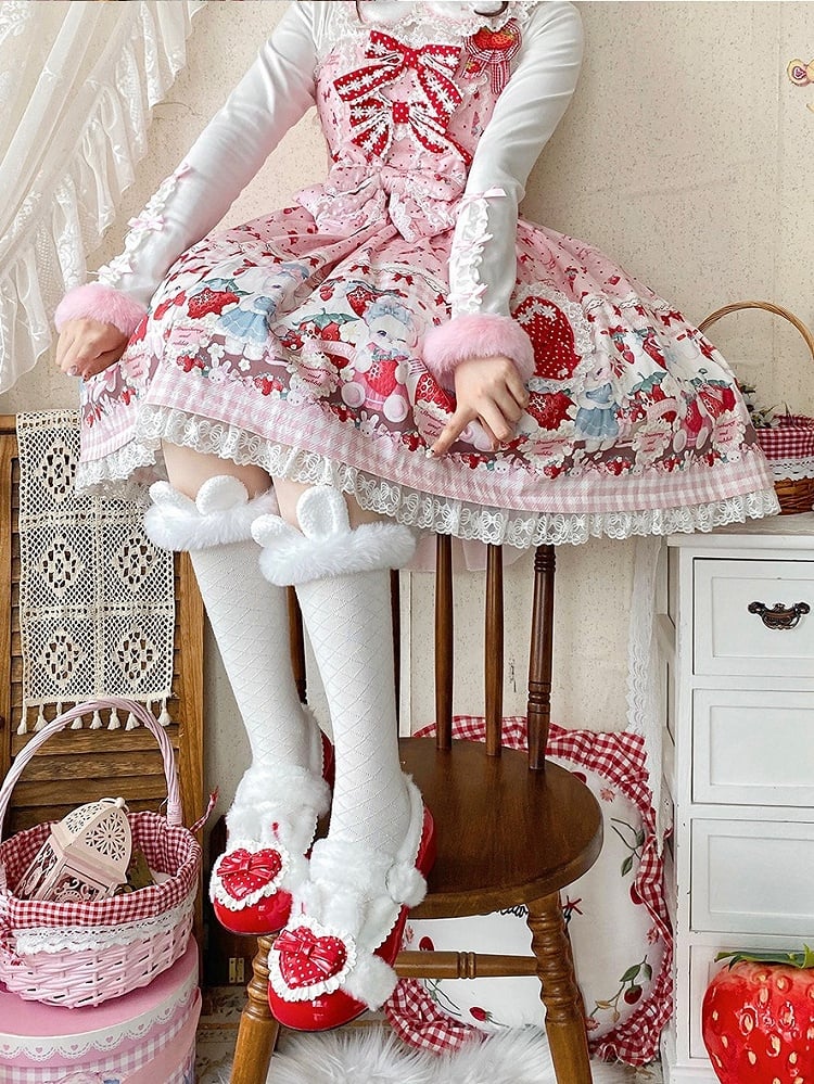 Red Bunny Fur-Trimmed Heart Detail Flat Winter Shoes - Cute Bunny