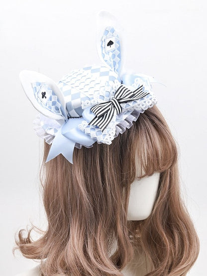 Lolita Hasenohren Gestreifte Mütze Blau Weiß mit Minischleife Kariert