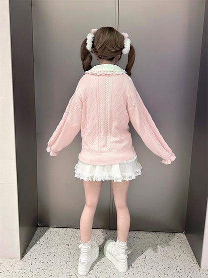 Sweet Jirai Kei Light Pink Knit Sweater with Heart-Shaped Rhinestone Buttons