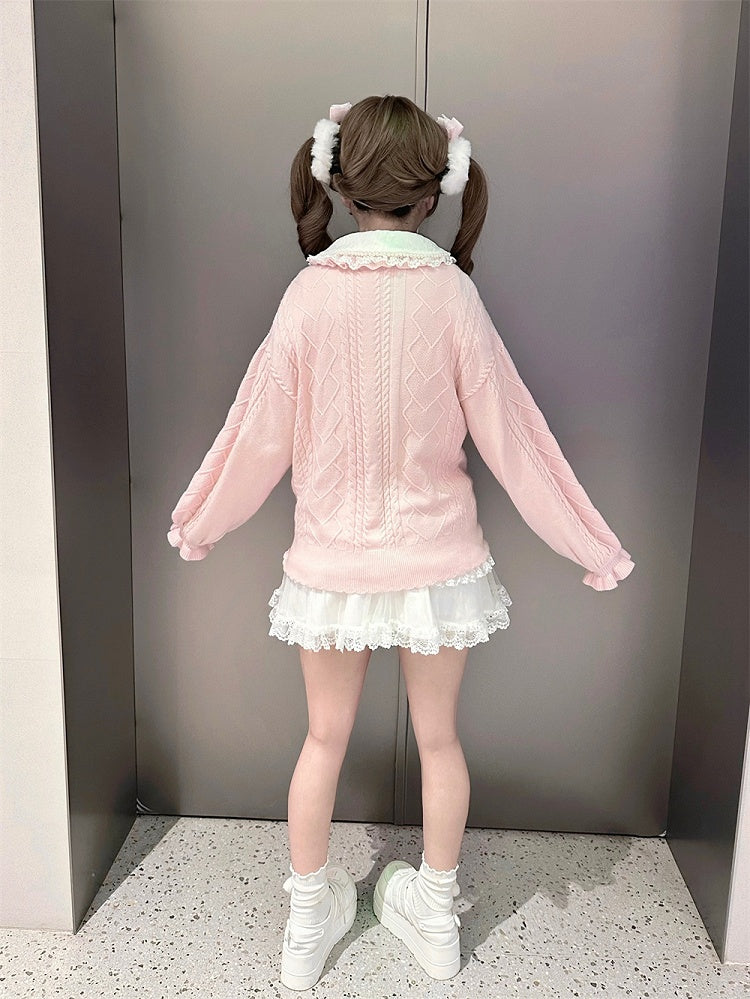 Sweet Jirai Kei Light Pink Knit Sweater with Heart-Shaped Rhinestone Buttons
