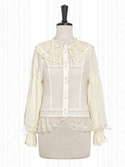 Beige Lace-Trim Blouse with Bow Accents - Stars Fall on the Foggy Island
