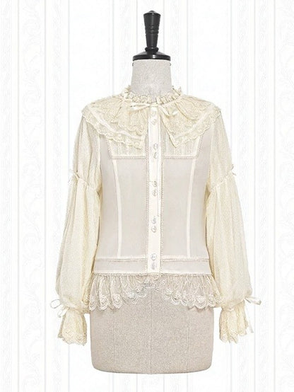 Beige Lace-Trim Blouse with Bow Accents - Stars Fall on the Foggy Island