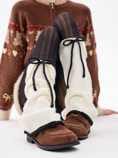 Warmers Detail Leg Bow Fuzzy Knit with 4-Color Contrast Cuff