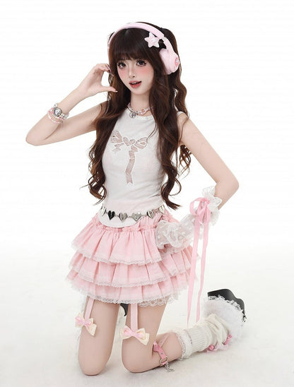 華やかなタンクトップ ホワイト 蝶結び型カットアウト