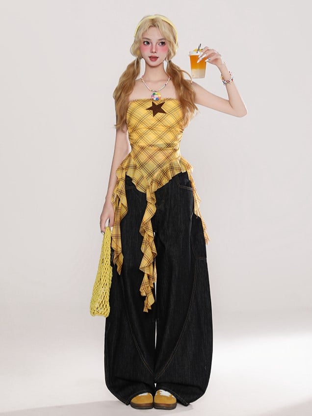 Yellow Plaid Strapless Top with Star Accent and Cascading Ruffle Hem