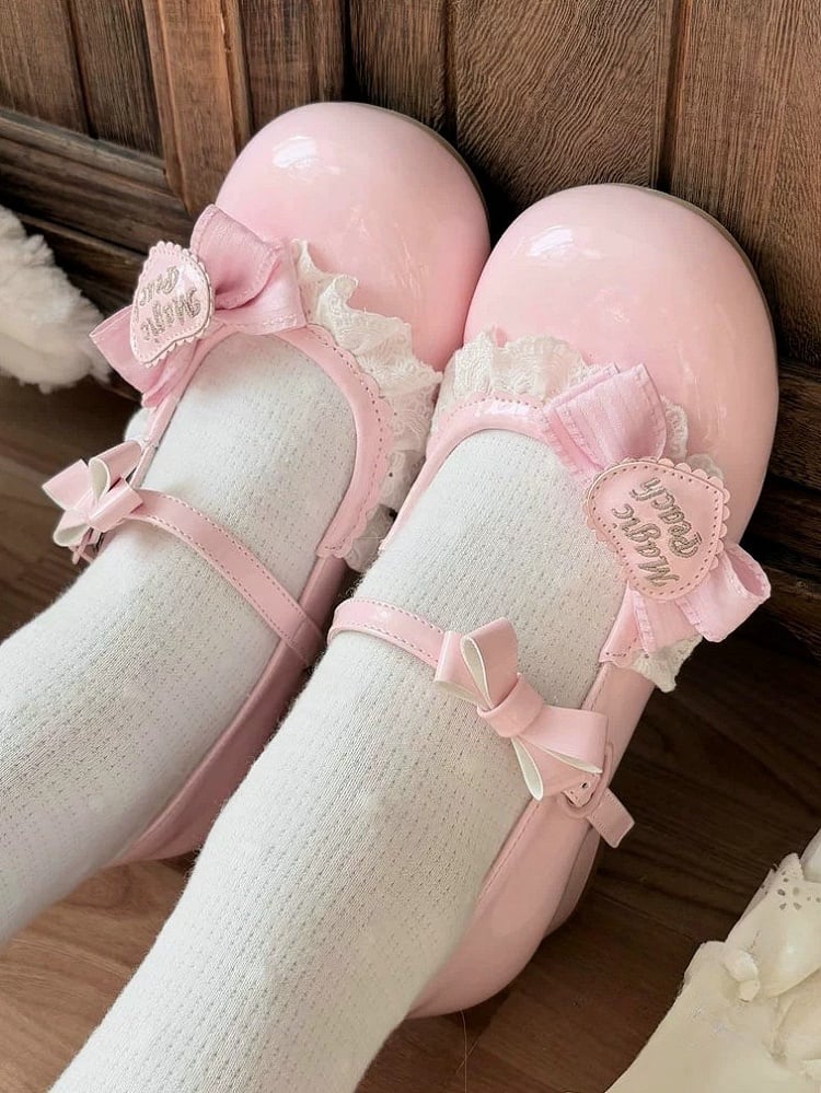Lace Heels Low PU Bow Trim with Sweet Decorations Leather Pink