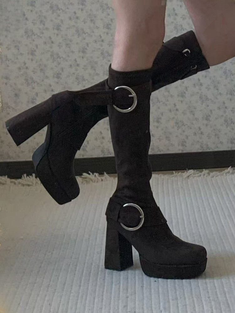 Details Brown Square Boots Toe Heel Knee-High with High Inner Zip Block Closure Buckle Platform