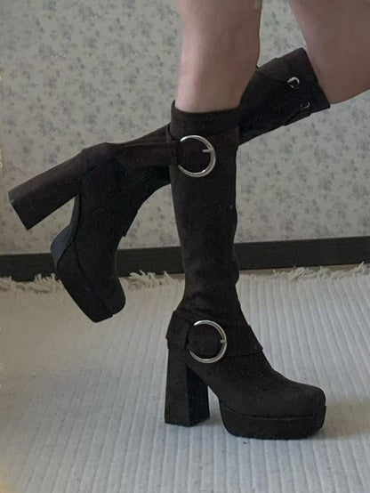 Details Brown Square Boots Toe Heel Knee-High with High Inner Zip Block Closure Buckle Platform