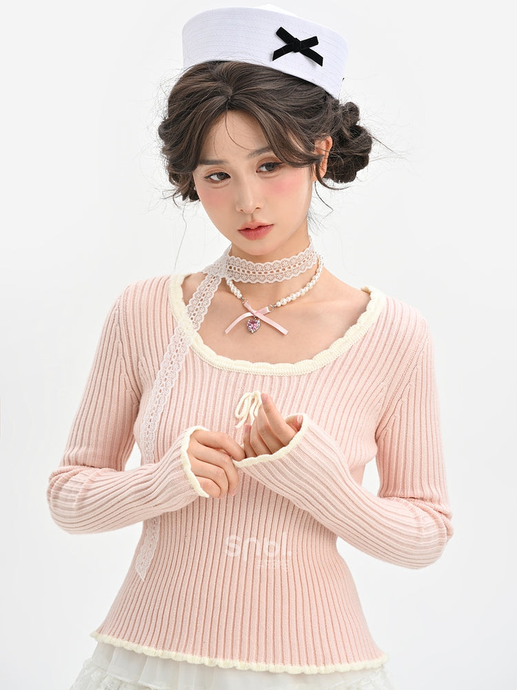 Rosa Strickoberteil mit Rundhalsausschnitt und schmaler Passform