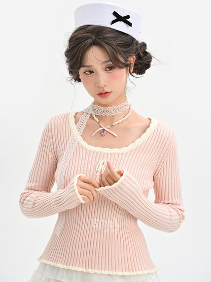 Rosa Strickoberteil mit Rundhalsausschnitt und schmaler Passform