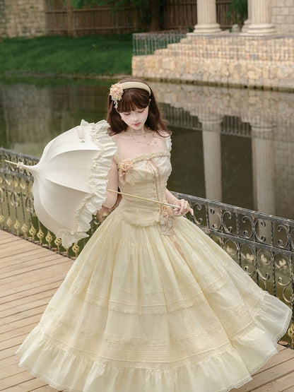 Yellow Sleeveless Lace Top with Floral Belt and Skirt - Penny House