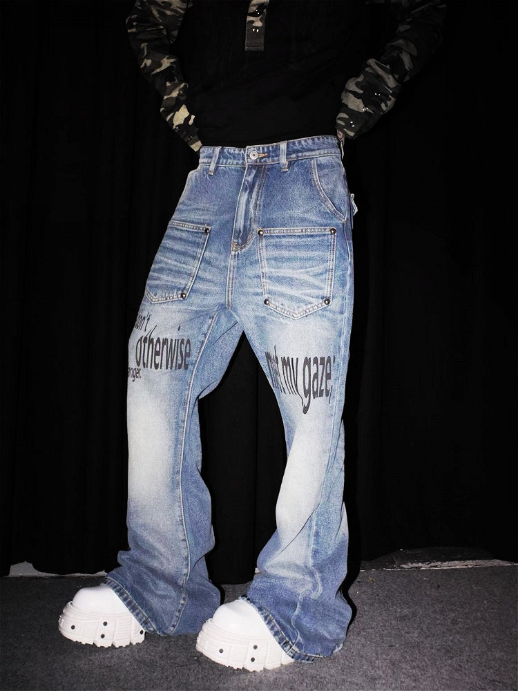 Washed Blue Flared Denim Jeans with Rivet Letter Prints - DETW OnLine