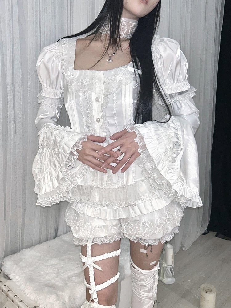 Cuff Detachable Tiered Six-Layer Lace Ruffles with Sleeves White Bell Trimmed Elastic