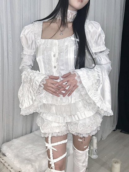 Cuff Detachable Tiered Six-Layer Lace Ruffles with Sleeves White Bell Trimmed Elastic