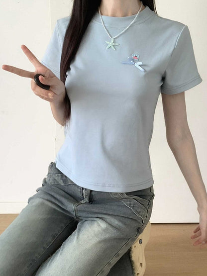 T-Shirt Rundhals Schleifendetail Blau