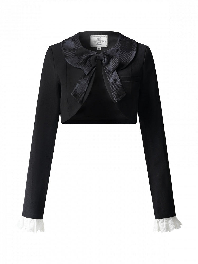 Black Lolita Coat with Heart & Plaid Pattern and Bow Accent - Inmorelli