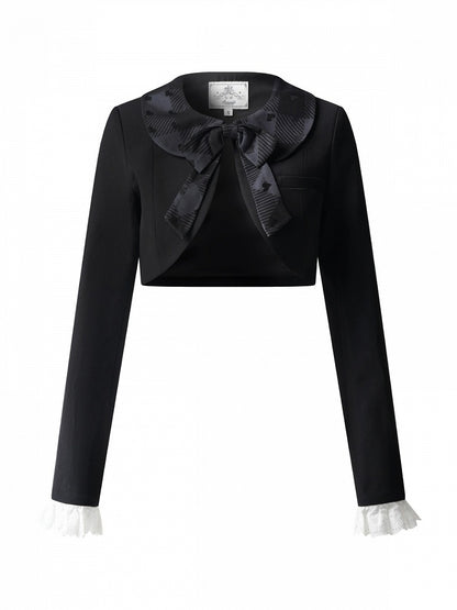 Black Lolita Coat with Heart & Plaid Pattern and Bow Accent - Inmorelli