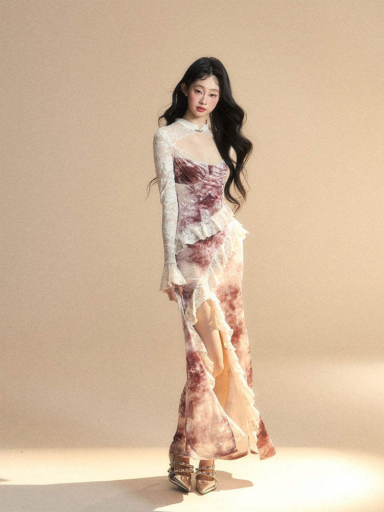 Seitlichem Ziegelrot Schlitz Vintage Saum Kleid Ärmel Cutout Detail Spitze Patches Rüschen