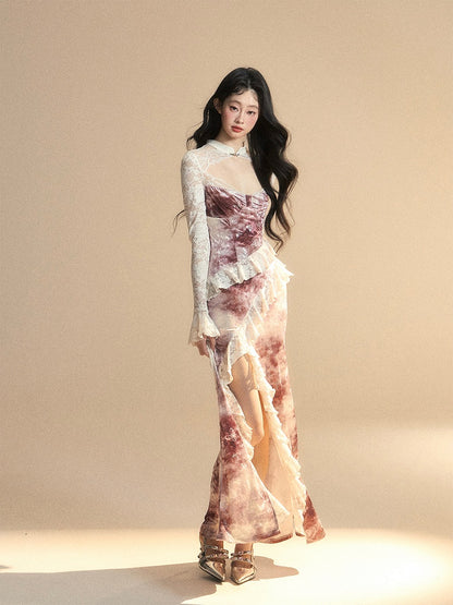 Seitlichem Ziegelrot Schlitz Vintage Saum Kleid Ärmel Cutout Detail Spitze Patches Rüschen